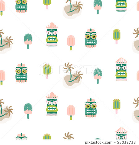 Hawaii seamless vector pattern. Tiki mask and palm trees white background. Hawaii seamless vector pattern. Tiki mask and palm trees white background. 55032738