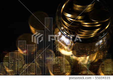 Double exposure Stack of coin with financial graph Double exposure Stack of coin with financial graph 55034335