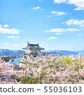 Cherry blossoms onomichi castle watercolor style illustration 55036103