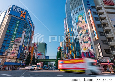 Tokyo cityscape of Japan Akihabara, Tokyo. Sunny day of the rainy season = filmed on July 17, 2019 55038472