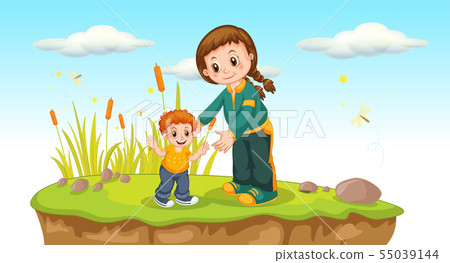 Mother and son outside scene 55039144
