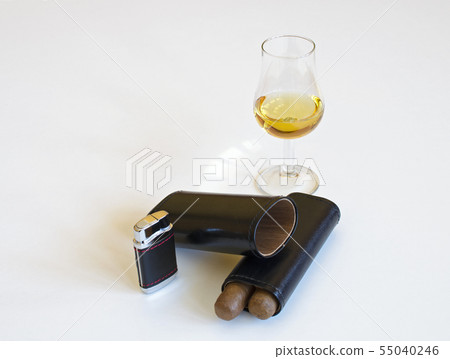 Glass of whiskey and two cigars, leather, black, 55040246