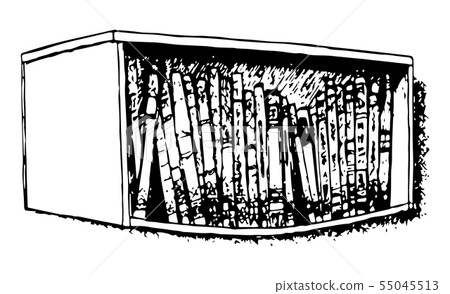 Bent bookshelf. Black and white illustration. Bent bookshelf. Black and white illustration. 55045513
