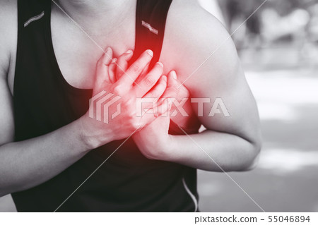 Man having chest pain - heart attack outdoors. Man having chest pain - heart attack outdoors. 55046894