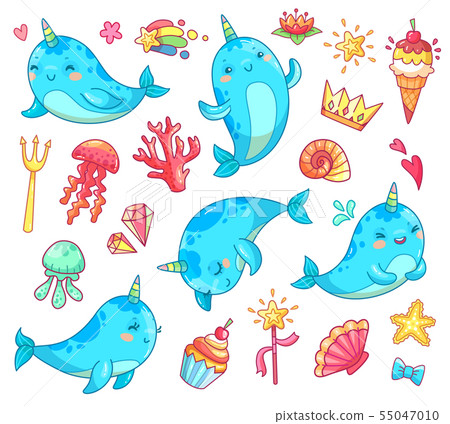 Marine kawaii baby unicorn narwhal. Swimming blue funny anime whale vector cartoon clipart 55047010
