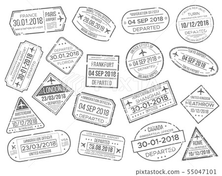 Business airport cachet mark and customs passports control stamp. Foreign travel and immigration 55047101