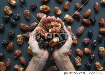 Dates fruit in the palms on a black background. Dates fruit in the palms on a black background. 55047142