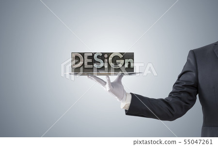 Businessman offering design word on silver tray  55047261