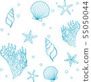 海星，珊瑚和貝殼_線條圖（淺藍色） 55050044