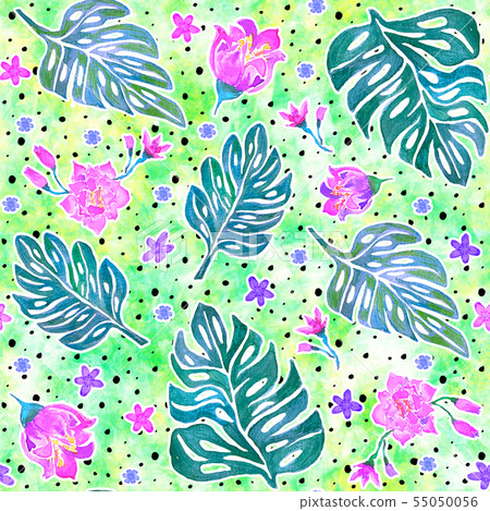 Seamless pattern with monstera leaves and tropical - Stock Illustration ...