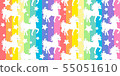Cute white unicorns silhouette on rainbow colorful stripes seamless vector pattern background 55051610