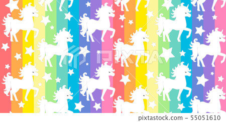Cute white unicorns silhouette on rainbow colorful stripes seamless vector pattern background Cute white unicorns silhouette on rainbow colorful stripes seamless vector pattern background 55051610