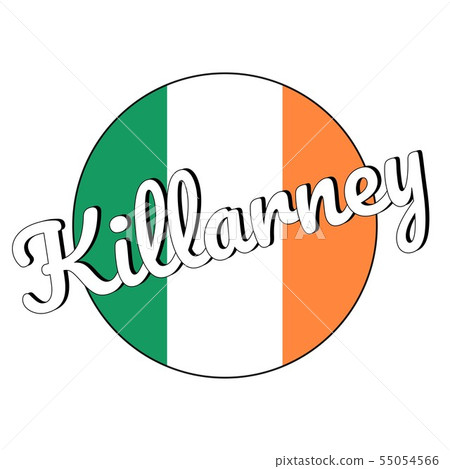 Round button Icon of national flag of Ireland with green, white and orange colors and inscription of Round button Icon of national flag of Ireland with green, white and orange colors and inscription of 55054566