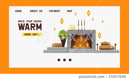 Fireplace with rounded firebox vector illustration in a cartoon flat style. Comfortable cozy warm 55057646