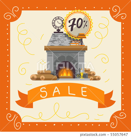 Fireplaces sale vector poster. Fire place made of natural stone inside and a bright burning flame 55057647