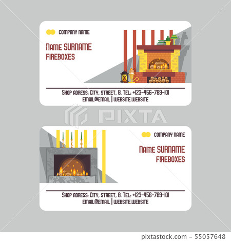 Fireplace, bright burning flame and smoldering logs inside. Vector illustration for visiting card of 55057648