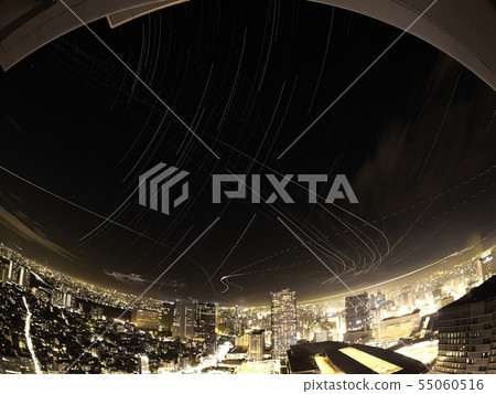 Kawasaki-Haneda Airport night view Star and airplane trajectory Live Composite 55060516