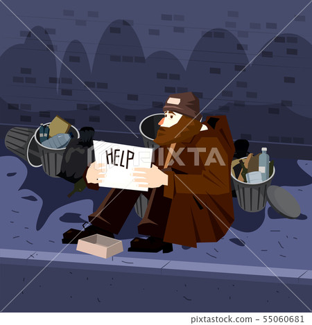 Homeless sad poor person male character beg help money near the garbage containers. Streetscape Homeless sad poor person male character beg help money near the garbage containers. Streetscape 55060681