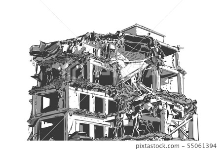 Collapsed building earthquake explosion fire 55061394