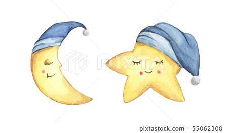 Sleepy half moon and little star in blue nightcap. Sleepy half moon and little star in blue nightcap. 55062300