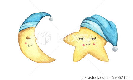 Sleepy half moon and little star in blue nightcap. Sleepy half moon and little star in blue nightcap. 55062301