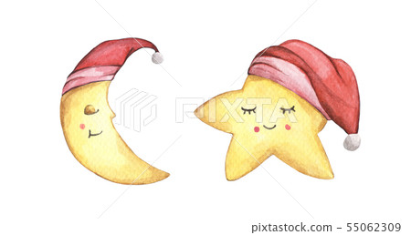 Sleepy half moon and little star in red nightcap. 55062309