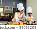 Happy asian family in the kitchen.Mother and son h 55063205