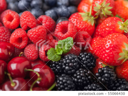 Fresh organic summer berries mix. Raspberries, 55066430