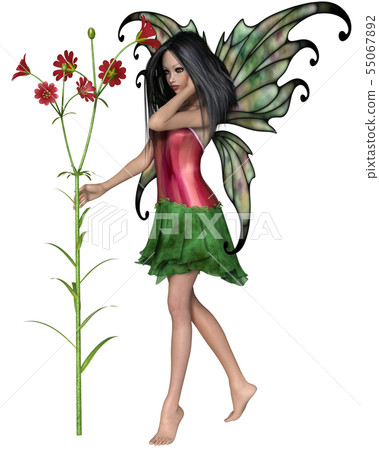 Pretty Brunette Fairy with Red Flowers 55067892