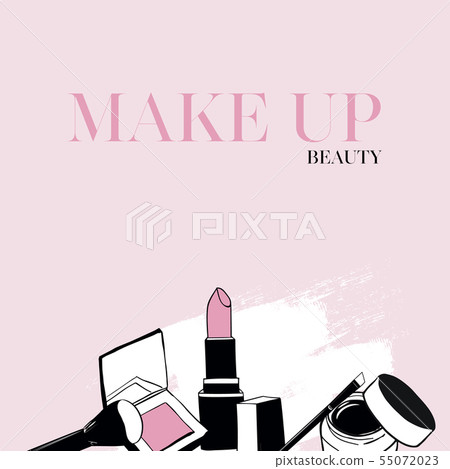 Sketch of cosmetics products, fashion makeup beauty banner. Brushes, powder palettes, lipstick Sketch of cosmetics products, fashion makeup beauty banner. Brushes, powder palettes, lipstick 55072023