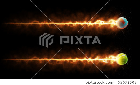 Sport. Volleyball and tennis balls. Flying burning balls. Isolated in black background 55072505