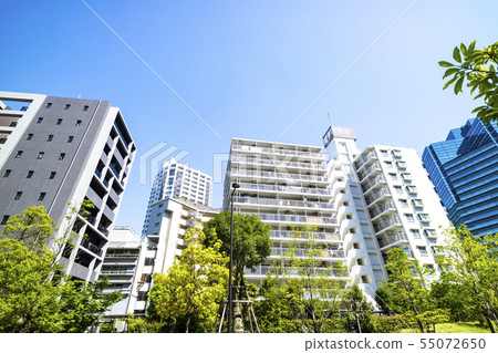 與綠色和公寓的都市風景 與綠色和公寓的都市風景 55072650
