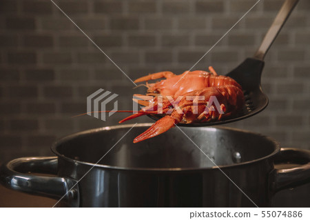 boiled red crayfish in skimmer at the background of water vapor 55074886