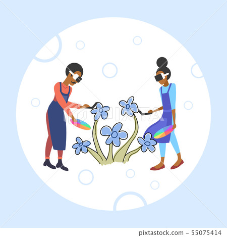 couple wearing 3d glasses holding controller painters with color palette drawing flower experiencing couple wearing 3d glasses holding controller painters with color palette drawing flower experiencing 55075414