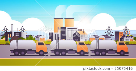 factory building industrial zone with gas or oil tanker trucks pipes chimneys nature pollution dirty factory building industrial zone with gas or oil tanker trucks pipes chimneys nature pollution dirty 55075416