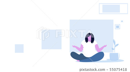 fat girl sitting lotus pose on floor obese over weight woman keeping calm yoga meditation concept 55075418