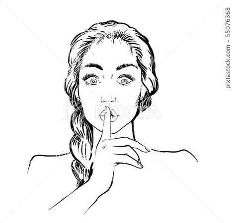 Young woman portrait showing silence guesture in sketch line art style black and white illustration 55076368