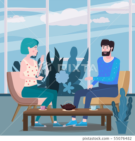 Loving couple is drinking tea in cafe. A man and a woman in love on date are sitting at a table in a Loving couple is drinking tea in cafe. A man and a woman in love on date are sitting at a table in a 55076482