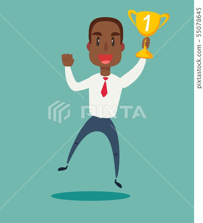 illustration of a happy black african american businessman holding a trophy on podium. illustration of a happy black african american businessman holding a trophy on podium. 55078645