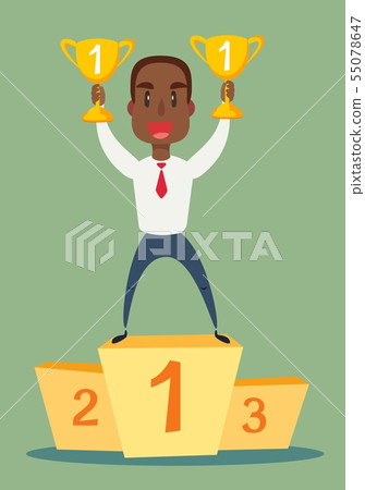 illustration of a happy black african american businessman holding a trophy on podium. illustration of a happy black african american businessman holding a trophy on podium. 55078647