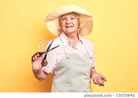 professional old smiling gardener or florist in apron holding scissors professional old smiling gardener or florist in apron holding scissors 55078648