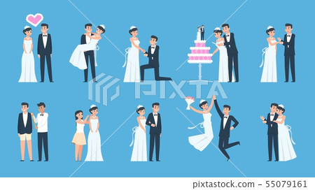 Groom and bride. Cartoon wedding couple in different scenes, preparing and celebrating. Vector 55079161