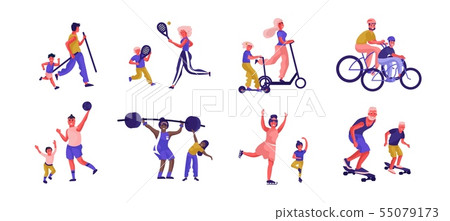 Parents and children sport activities. Cartoon active family characters playing games and spending Parents and children sport activities. Cartoon active family characters playing games and spending 55079173