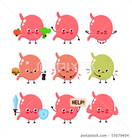 Cute stomach set.Healthy and unhealthy human organ Cute stomach set.Healthy and unhealthy human organ 55079404