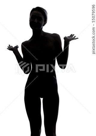 silhouette of hesitated girl shrugging her shoulder and looking at the camera 55079596