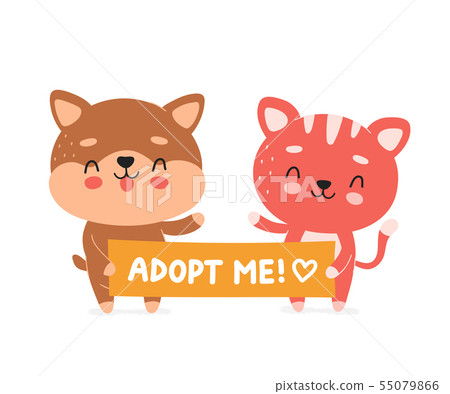 Cute happy smiling cat and dog hold banner Cute happy smiling cat and dog hold banner 55079866