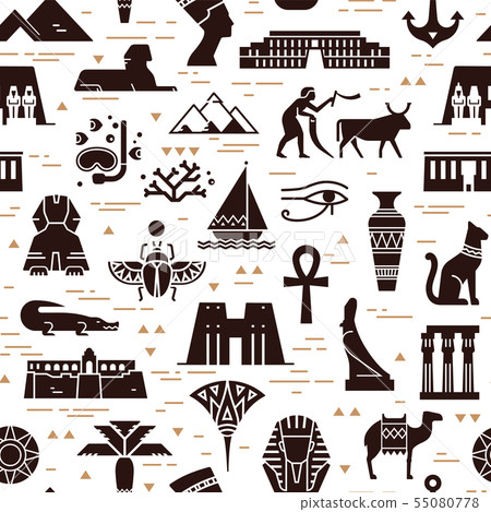 Dark seamless pattern of symbols, landmarks, and signs of Egypt from icons 55080778