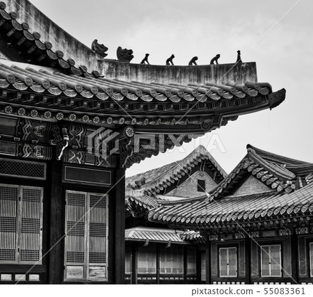 Korean traditional palace Changdeokgung, black and white photo Korean traditional palace Changdeokgung, black and white photo 55083361