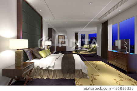 Bedroom or Hotelroom Interior 3D Illustration Photorealistic Rendering Bedroom or Hotelroom Interior 3D Illustration Photorealistic Rendering 55085383