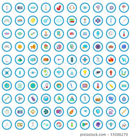 100 physics icons set, cartoon style 55086270